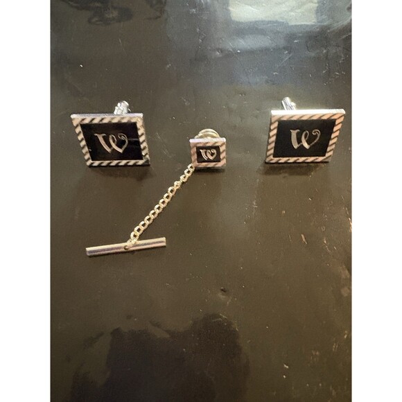 Swank Signed Silver Tone Black Enamel Letter W Cufflinks & Tie Tack A-47 - Picture 1 of 6